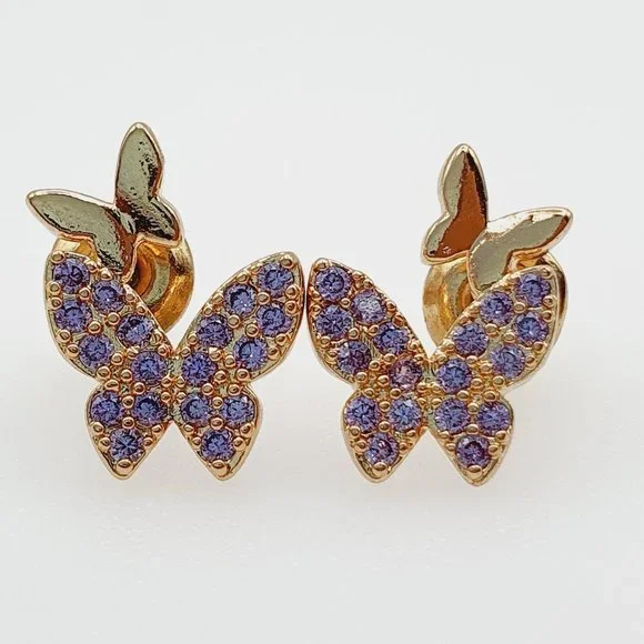 🌸Purple Double Butterfly Princess Cut CZ Earrings for Women, GPMB1543 - Picture 3 of 3